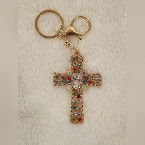 Gold Cross Keychain with Colorful Gems Bag Charm